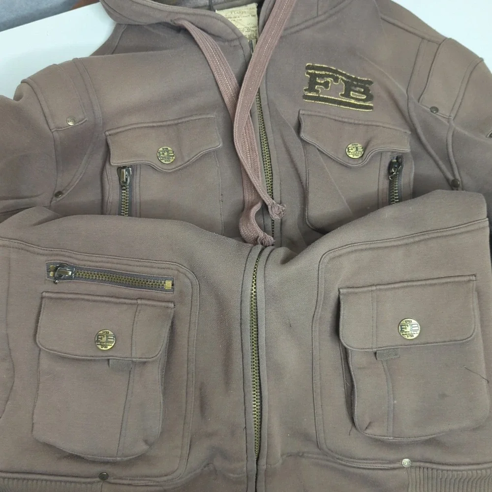 Vintage Brown Cargo Hooded Jacket L Full Zip Distressed Y2K Streetwear Spell out